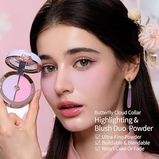 Flower Knows Butterfly Cloud Collar Rouge Box Highlighting & Blush Duo Powder 04 Seaborne Moon+Butterfly Cloud Collar Angled Powder Brush Pearly Moonlight