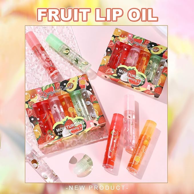 6 Pcs Fruit Roll-on Lip Gloss Set, Clear Lip Gloss Crystal Jelly Liquid Lipstick, Plumping Lip Oil Moisturizing Hydrating Non-Sticky, Nice Gift for Women Girl
