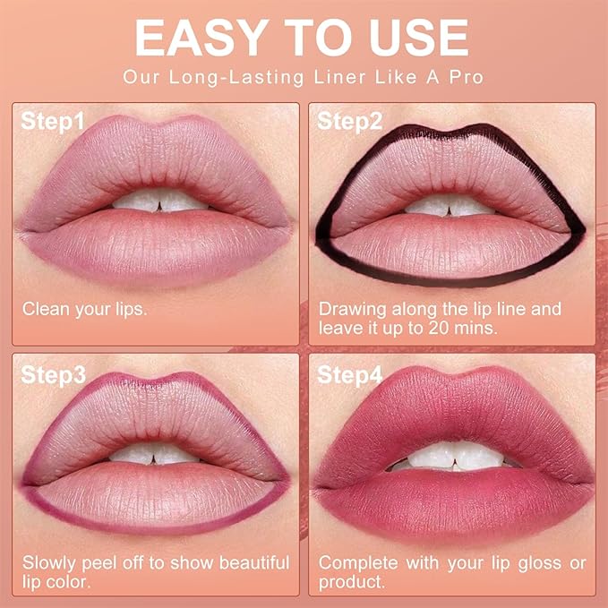 OETUIOW Lip Stain Peel Off, Lip Liner Moisturizing Long-Lasting & Waterproof, Transfer Proof & Plumping, Non-Stick Cup, Rose Color