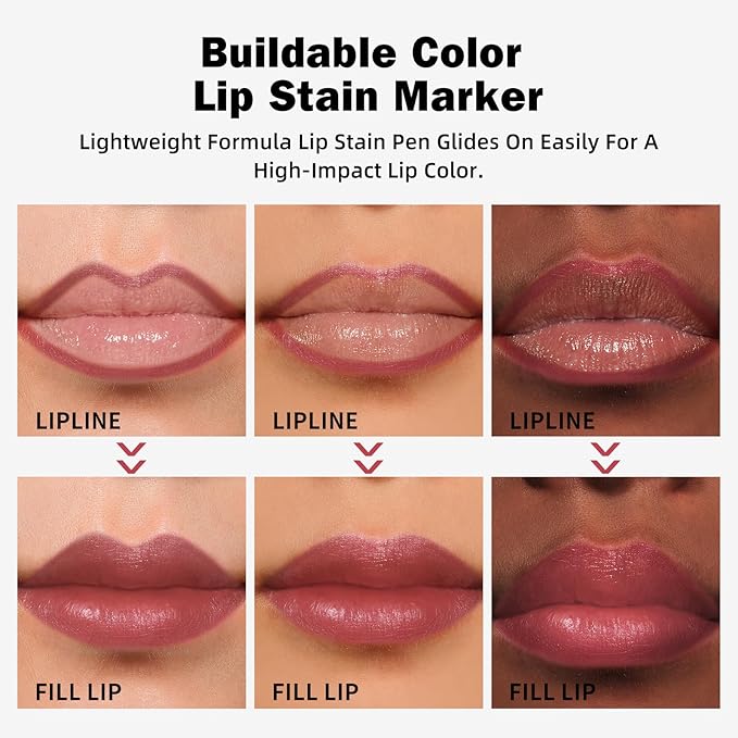 KIMUSE Lip Stain Tip Marker Set, Long Lasting Waterproof Smudgeproof Lip Liner Stain, Matte Natural Finish, All Day Wear Lip Color (Rouge Essentiel)