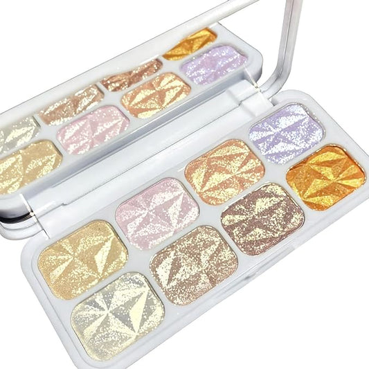 8 Colors Face Highlighter Makeup Palette,Shimmer Glitter Multichrome Highlight Powder,All Sparkling Shades Can Be layered or Worn Individually to Enhance and Brighten Your Face Features