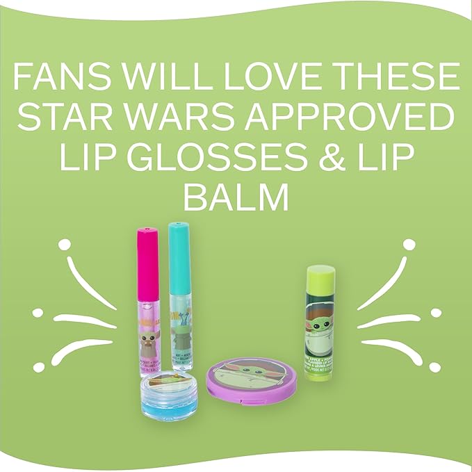 Mandalorian Baby Yoda Die Cut Lip Gloss Beauty Set – Includes 4 Flavored Lip Glosses and 1 Green Apple Flavored Lip Balm, Star Wars Themed Makeup Kit & Baby Yoda Gift Set