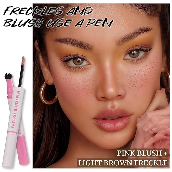 DAGEDA Freckle Blush Makeup Pen, 2 in 1 Light Brown Freckle Stamp Pink Blush, Waterproof,Quick-dry, Natural Lifelike Freckles for Natural Sunkissed Makeup with Face Puff 01