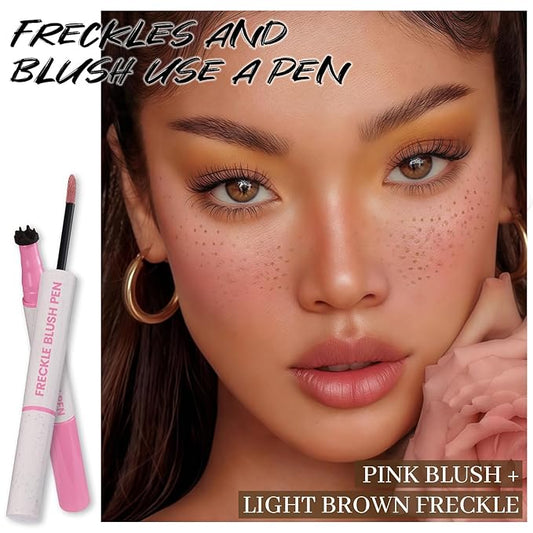 DAGEDA Freckle Blush Makeup Pen, 2 in 1 Light Brown Freckle Stamp Pink Blush, Waterproof,Quick-dry, Natural Lifelike Freckles for Natural Sunkissed Makeup with Face Puff 01