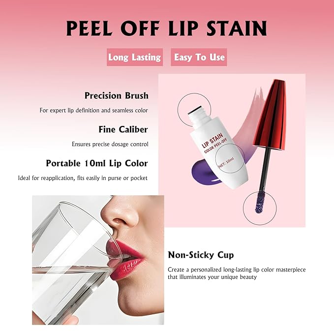 Peel Off Lip Stain, Hot Pink Lip Stain Peel Off Long Lasting Waterproof Lip Tint Stain Peel Off Matte Finish Pigmented Lip Liner Stain Tattoo Color Non-Stick Cup Liquid Lip Gloss Makeup