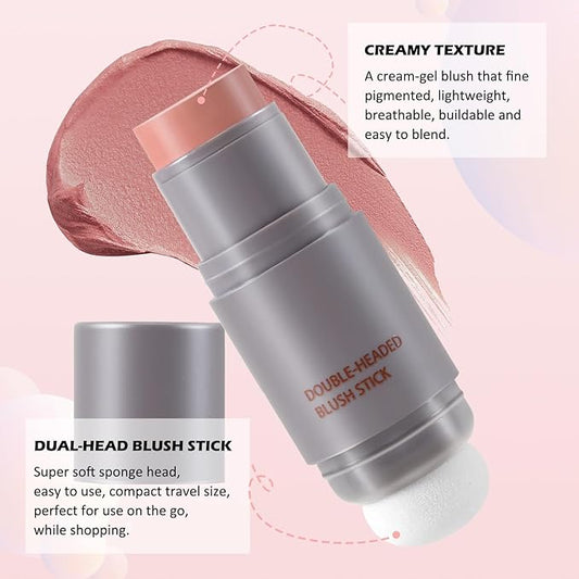 Boobeen Double-Head Cream Blush Stick - Lightweight Long-Lasting Color Natural Makeup Stick for Cheek, Lip and Eye - Dewy Finish for All Skin Tones