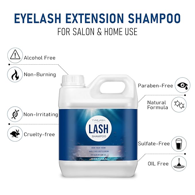 Lash Shampoo Bulk, Eyelash Cleanser for Extensions 2 Liters, Dispenser Pump, Safe Makeup Remover, Non-irritating or Burning Eyelid Foaming Cleanser for Professional Salon and Home Use (Ocean-2L)