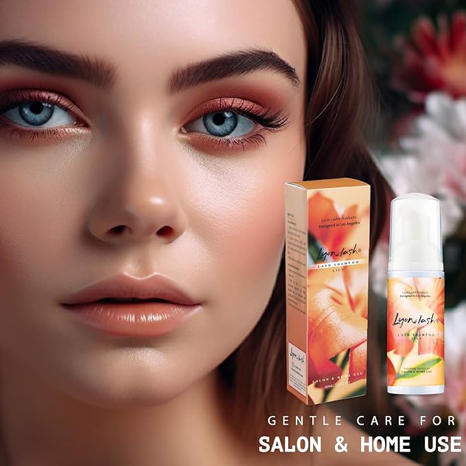 Lyon Lash Eyelash Extension Shampoo (Lily), Gentle Formula Paraben & Sulfate Free, Oil Free Foam Cleanser Kit | Remove Eye Makeup & Oil & Dust | Professional Salon And Home Use (60ml + 1 mascara wand + 1 cleansing brush)