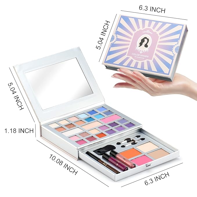 Color Nymph Makeup Kit for Teens, All in One Makeup Kit for Women Included 24 Colors of Matte Shimmer Eyeshadow, Highly Pigmented Lip Glosses, Eyeliner Pencil, Brushes, and Mirror