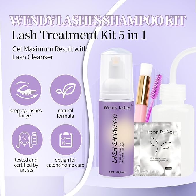 Wendy Lash Shampoo Kit for Cleaning: for Home and Salon Use, 60ML Mild, Natural Formula, with Brushes, SL-ZS