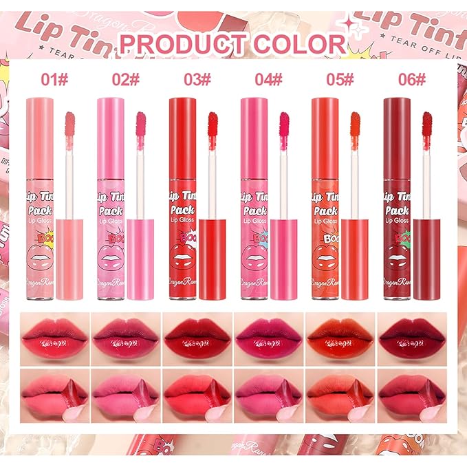 6 Colors Peel off Lip Stain Set, Peel off Lip Liner Tattoo Matte Finish Lip Tinted Lipstick Liquid Lipstick Long-Lasting Bright Colors, Lip Makeup Gift for Women