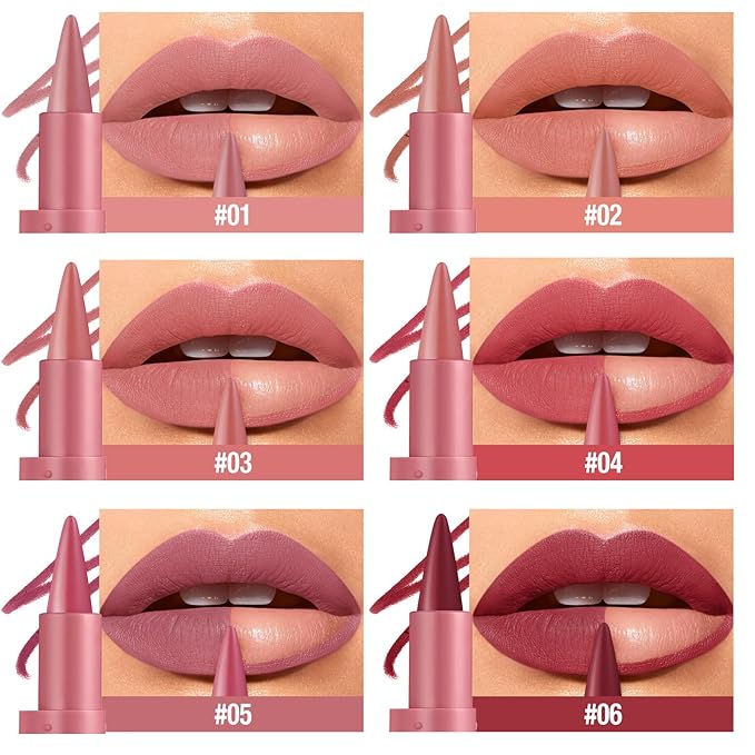 BONNIE CHOICE 6 Colors 2 in 1 Gradient Lip Liner and Lipstick Lip Combo Set, Matte Nude Red Lip Liner Creamy Lip Pencil Crayon, High Pigmented Long lasting Lipstick Makeup Gifts for Women