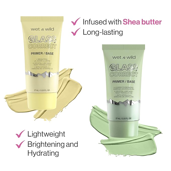 wet n wild Prime Focus Glass Skin Correct Primer Bundle with Green 0.91 Fl Oz and Yellow Bright Crystal Finish