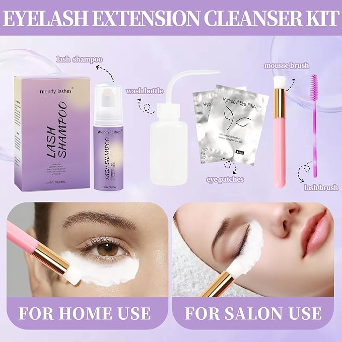 Wendy Lash Shampoo Kit for Cleaning: for Home and Salon Use, 60ML Mild, Natural Formula, with Brushes, SL-ZS