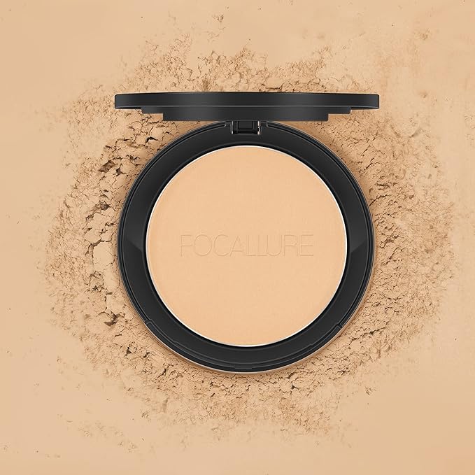 FOCALLURE Flawless Pressed Powder, Control Shine & Smooth Complexion, Pressed Setting Powder Foundation Makeup, Portable Face Powder Compact, Long-Lasting Matte Finish, Beige