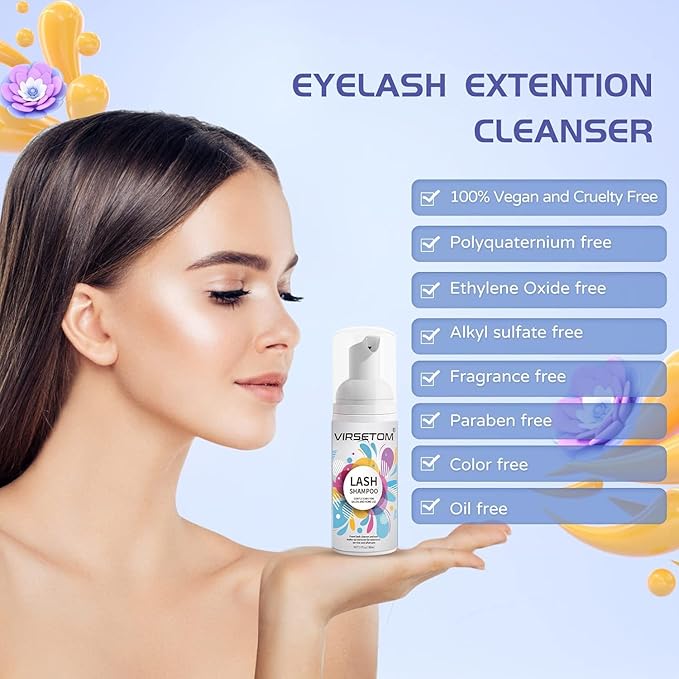 Vemofoper Lash Shampoo for Lash Extensions, Eyelash Extension Cleanser 60ml + Rinse Bottle + Brushes, Lash Bath for Eyelash Extensions, Lash Cleaner, Paraben & Sulfate Free, Salon and Home Use