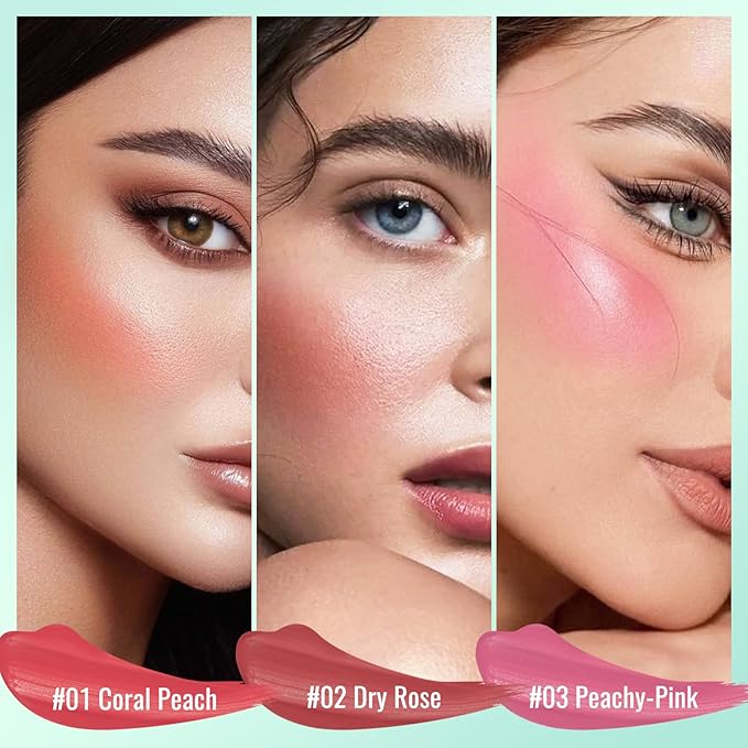 3Pcs Liquid Blush for Cheeks, Soft Moisturizing Matte Finish, Blendable, Long-Wearing Smudge-Proof Natural