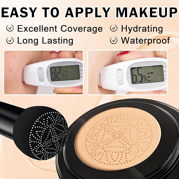 2Pcs Air Cushion CC Cream Foundation Mushroom Head Moisture Cushion Cover Up BB Cream Makeup for Moisturizing Oil Control Concealer Brighten Skin Tone #Natural Color