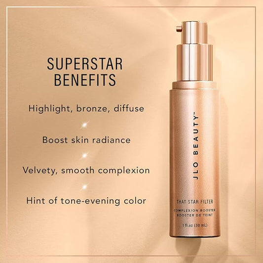 JLO BEAUTY That Star Filter Complexion Booster Highlighter & Bronzing Drops, Warm Bronze, 1 fl oz, For Body & Face, Makeup Primer with Vitamin E, Lightweight Shimmer Sheer Formula, Dewy, Glowy Skin