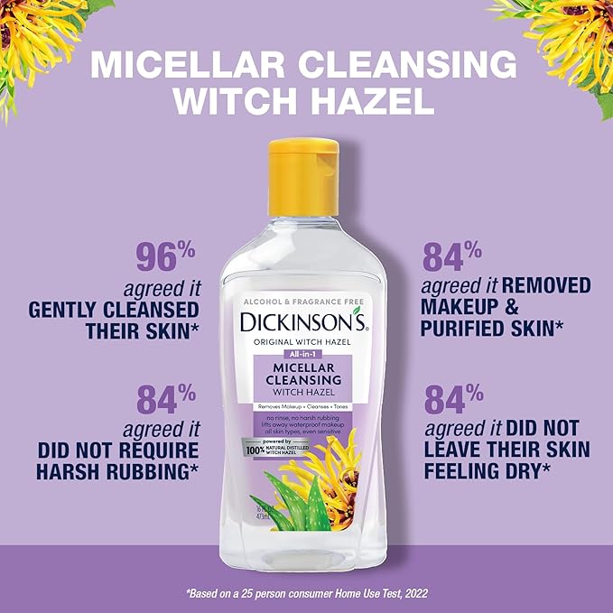 Dickinson's Micellar Cleansing Witch Hazel, An All-in-1 Makeup Remover, Pore Refiner, Skin Cleanser and Toner; Alcohol Free with Aloe, for Sensitive Skin, 16oz (Pack of 2)