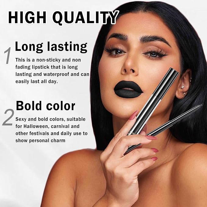 Black Lipstick and Lip Liner Set Lip Kit,3 in 1 Velvet Black Lipstick Halloween Matte Black Liquid Lipstick Lip Gloss with Black Lip Pencil,Hydrating Lip Stain Lip Makeup(Black Magic)