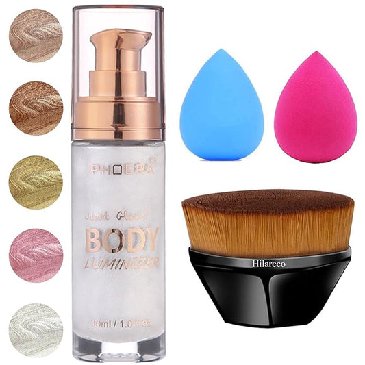 PHOERA Body Shimmer Oil, Bronzer Body Glow Highlighter Luminizer,Illuminator with Makup Bursh,Self Tanning Lotion,1oz/Jars (105#Diamond Platinum)
