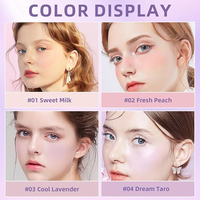 4 in 1 Blush Palette, 4 Colors Matte Face Powder Blush for Cheek, Soft Pink, Peach, Lavender, Purple Face Blusher Rouge Long Lasting High Pigment Lightweight Rouge Highlighter Korean Makeup