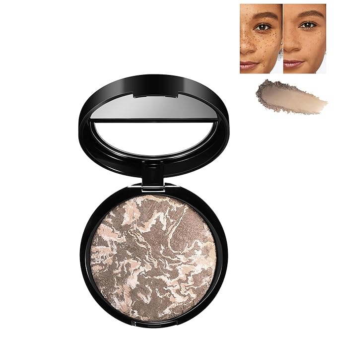 Marble Baked Makeup Setting Powder, Luminous Finish Waterproof Sweatproof Conceal Foundation, 24 H No-Transfer No Smudge Oil-Control Pressed Powder Makeup Base (#06 DEEP, 0.53 OZ)