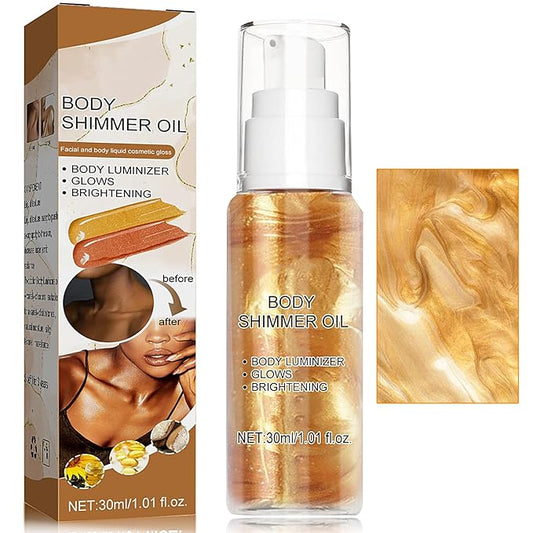 Body Shimmer Oil,Body Shimmer Luminizer for Face & Body,Waterproof Moisturizing Face Brighten Glow Illuminator,Body Highlighter Shine Glitter Liquid Illuminator Body Makeup(Gold)