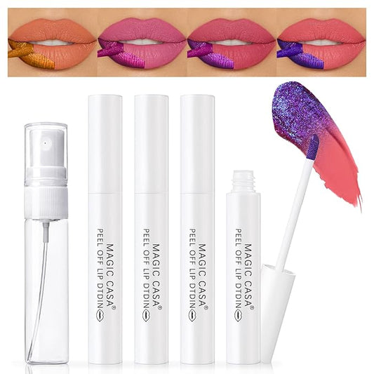 4 Color Peel Off Lip Stain, Tattoo Magic Color Lip Tint, Pink Red Nude Matte Natural Finish Lip Gloss Tear off, Waterproof Long Lasting Nonstick Lipstick Makeup Set with 5ML Empty Spray Bottle