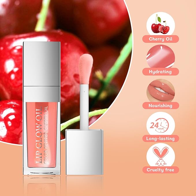 3Pcs Hydrating Lip Glow Oil - Moisturizing Tinted Lip Gloss Plumping Nourishing Shiny Long-Lasting Lip Stain with Cherry Seed Oil 0.27 fl.oz (Set C)