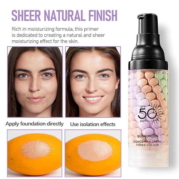 3 In 1 Primer for Face Before Makeup, One Step Color Correcting Primer, SPF 50, Hydrating, Oil Control Facial Serum & Color Correcting Moisturizer, SPF Cream, Even Skin Tone, Natural & Sheer Finish
