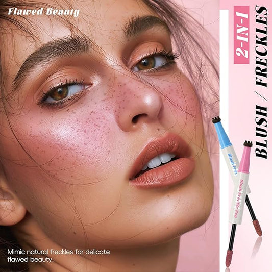 2 Colors Freckle Blush Pen for Lifelike Faux Freckle, Waterproof Freckle Stamp&Blusher 2 in 1 for Natural Sunkissed Makeup, Fake Freckles Stain Marker with Puff