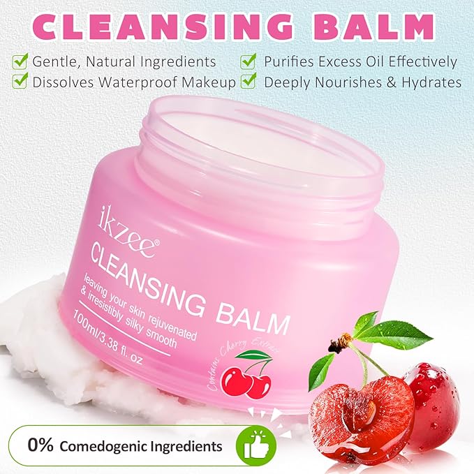 Cleansing Balm Makeup Remover - 3.38 Oz Cherry Scented Moisturizing Hydrating Deep Nourishing Travel-friendly Smooth Face Cleanser Makeup Remover Clear Cleansing Balm for All Skin Types