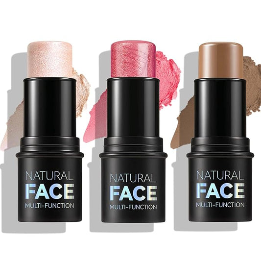 3 Pcs Face Contour Sticks Set - Shades with Highlighter & Blush Sculpted Complexion Wand - Long Lasting Natural Buildable Highlighters & Contouring Bronzer (02, 03, 04)