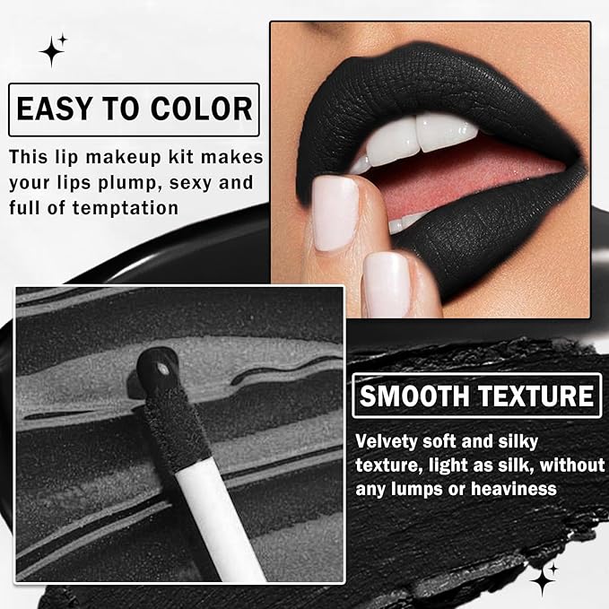 Black Lipstick and Lip Liner Set Lip Kit,3 in 1 Velvet Black Lipstick Halloween Matte Black Liquid Lipstick Lip Gloss with Black Lip Pencil,Hydrating Lip Stain Lip Makeup(Black Magic)