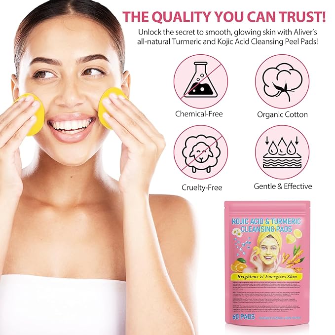 Turmeric Cleansing Pads 60 PCS, Kojic Acid and Turmeric Cleansing Pads, Turmeric Cleansing Pads for Dark Spots, Sugar Turmeric Exfoliating Cleansing Pads for Face and Body (2 pack) 
