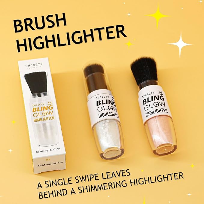 Face Highlighter Powder Stick, Pearl White Shimmer Glitter Loose Powder Brush Stick, Contouring Brighten Patting Powder Makeup for Face Body Cheeks, Longlasting Glow Highlighters Makeup