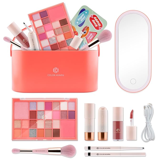 Color Nymph Makeup for Kids with LED Mirror, Travel Makeup Case with Cosmetics Kit for Beginners, Non-Toxic Make Up Set with 26-Color Face Palette Highlighter Lipgloss Eyeliner Brush