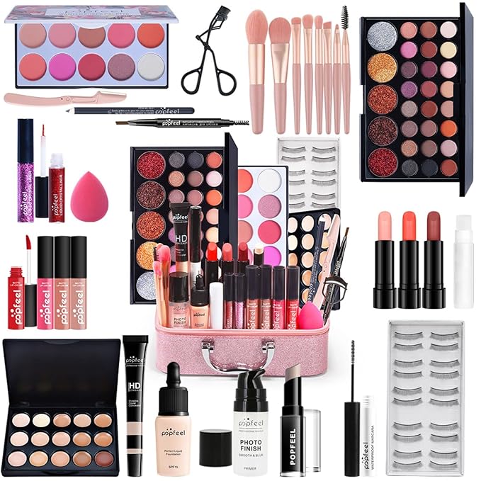 Pure Vie All-in-One Holiday Gift Surprise Makeup Set Essential Starter Bundle Include Eyeshadow Palette Lipstick Concealer Blush Mascara Eyeliner Face Powder Lipgloss Brush - Full Makeup Kit for Women