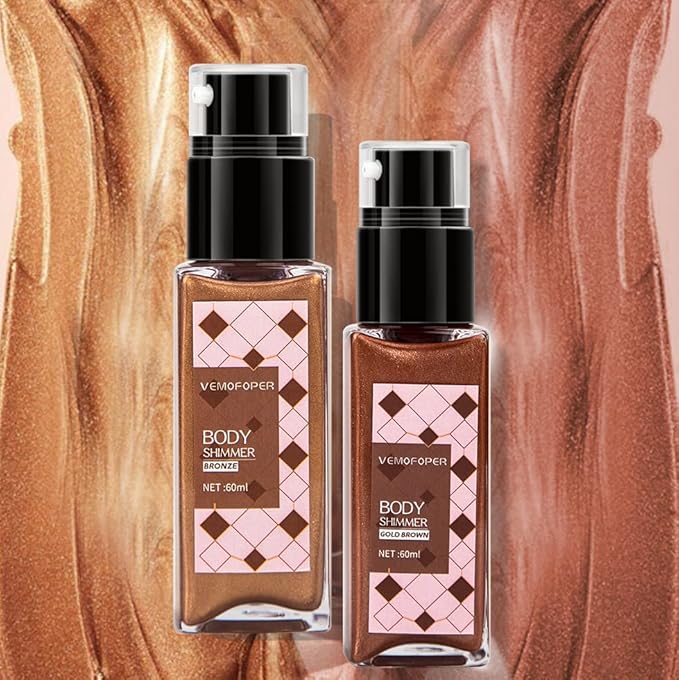 Body Glow Shimmer Body Oil Liquid Highlighter, Bronzer Shimmering Body Lotion Glitter Luminizer Moisturizing Waterproof, Natural Skin Shimmer For Body and Face Makeup Women Men (60ml/2 oz)
