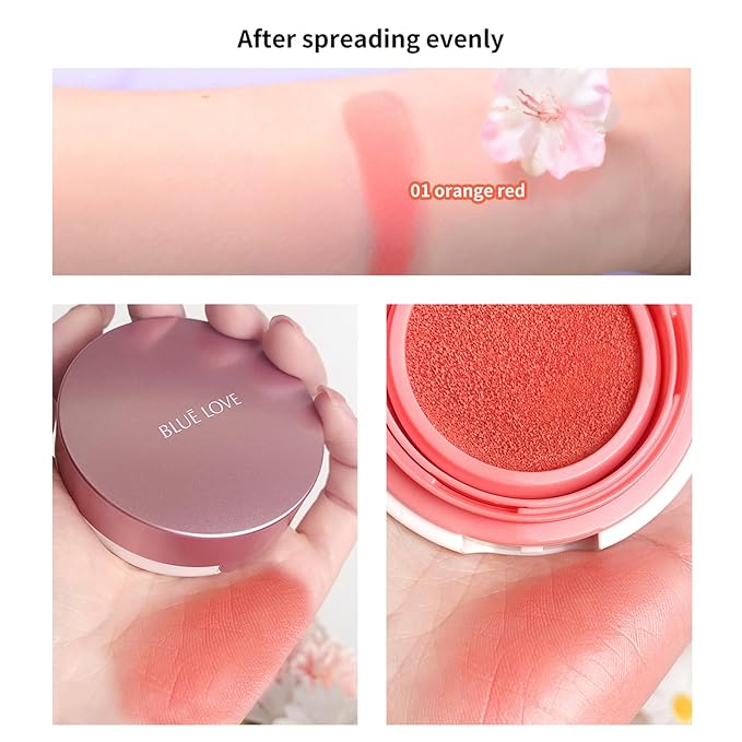 BLUE LOVE Cushion Liquid Blush - Silky Cream Formula for Cheeks, Natural Glow Makeup with Sheer Finish, for Contouring and Highlighting (01# Pink Orange)
