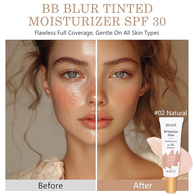 BB Cream Tinted Moisturizer with SPF 30–Lightweight BB Blur Tineted Care Primer,Hydrating Tinted Sunscreen for Face,Full-Coverage Skin Tint Makeup for All Skin Types with 2PCS Sponge (02 Natural)