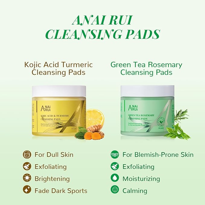 ANAI RUI Green Tea Rosemary Cleansing Pads with CICA Tea Tree Oil, Face Scrub Pads with Bubbles, Exfoliating Deep Cleansing Pad for Face and Body, Make-up Remover Wipes, 50pcs