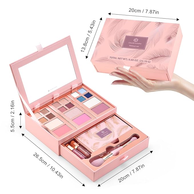 Color Nymph Complete Makeup Palette Set - 2025 Trendy Colors, Cruelty-Free, Ideal for Daily, Festival, Party, and Professional Use, with Detachable Jewelry Compartments, All-in-One Gift Set (Pink)