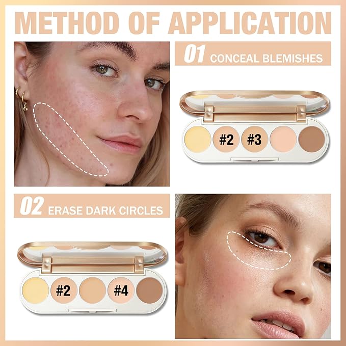 FOCALLURE #GoldenAge 5 in 1 Multi Uses Concealer Palette, 5 Colors Correcting Conceal Palette, Camouflage Contour Palettes for Dark Circles, Face Contouring Highlighter Pallet, NE01 LIGHT