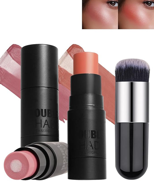Cream Blush Stick for Cheeks-2Pcs Multi-Use Sandwich Makeup Blush Stick for Eyes Lips Face,Longlasting Tinted Matte Blush, Glow Blendable Blusher with Brush,Women's Day Gift for Women-02+04