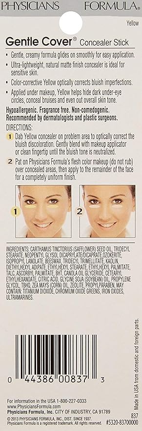 Physicians Formula Gentle Cover Concealer Stick, Yellow For Blemishes, Under-Eye Circles & Skin Imperfections