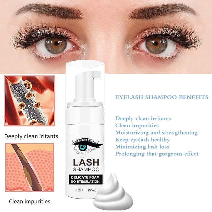 Lash Shampoo for Lash Extensions, 50ml Eyelash Foam Cleanser and 50 Pcs Eyelash Brush and Rinse Bottle Mini Fan Oil Free/Sulfate Free Eyelash Wash Remover For Eyelash Extension Makeup Removel