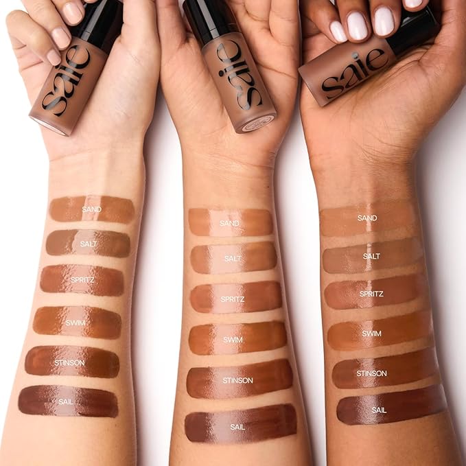 Saie Radiant Glow Duo - Dew Bronze Soft-Focus Liquid Bronzer in Swim (0.4 oz) & Mini Glowy Super Gel Lightweight Illuminator in Sunglow (0.5 oz), Hydrating Makeup Essentials for a Sun-Kissed Glow